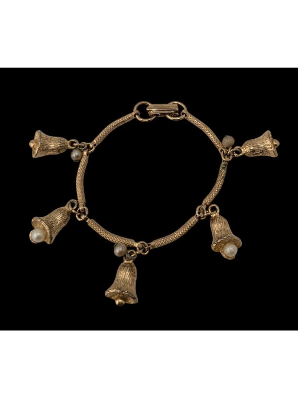 Vintage Gold Bell Charm Bracelet Faux Pearl Dangle Charm Bracelet Retro Cottagec